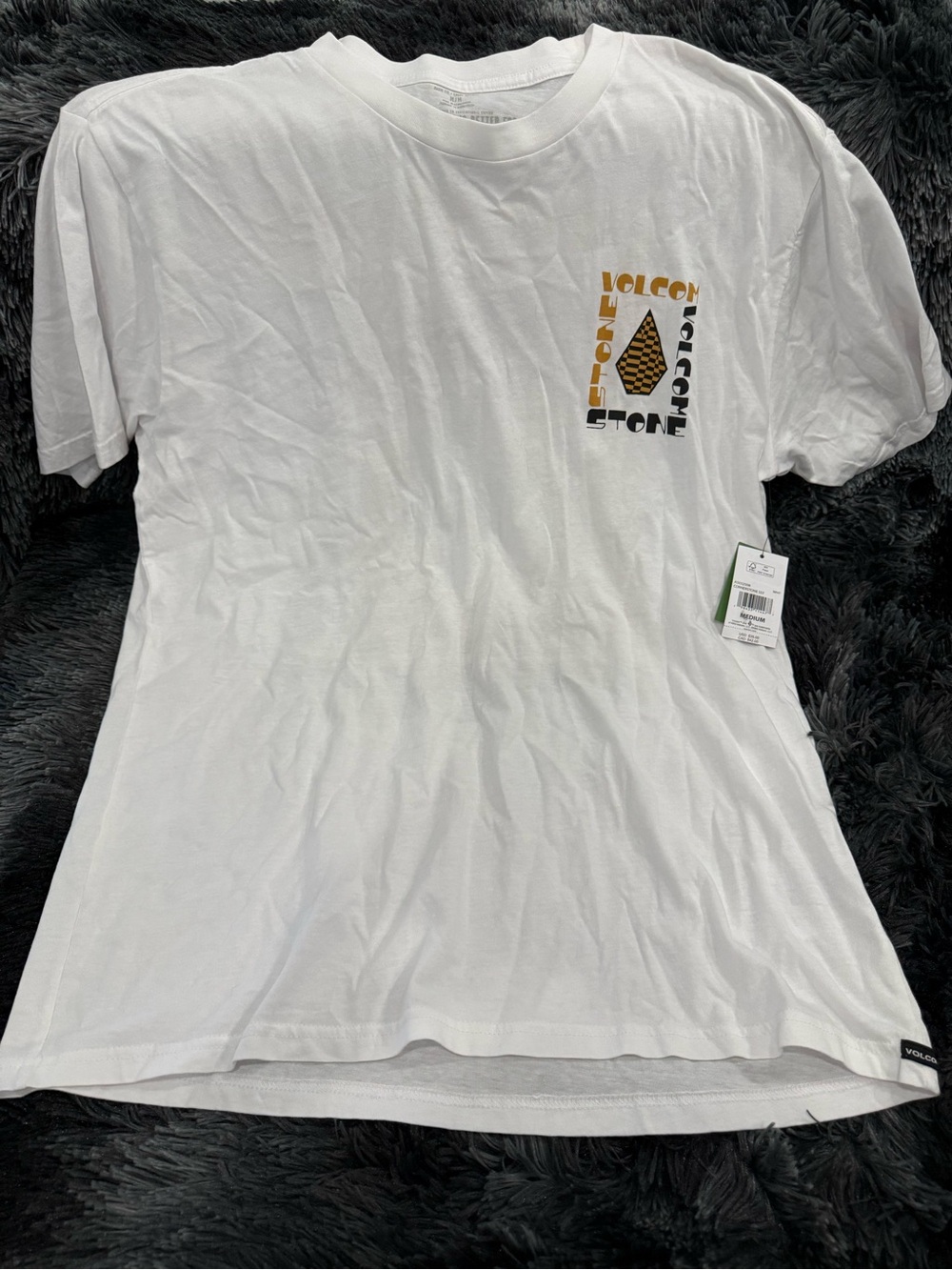 Volcom White Short Sleeve Tee with Gold & Black Chest Logo